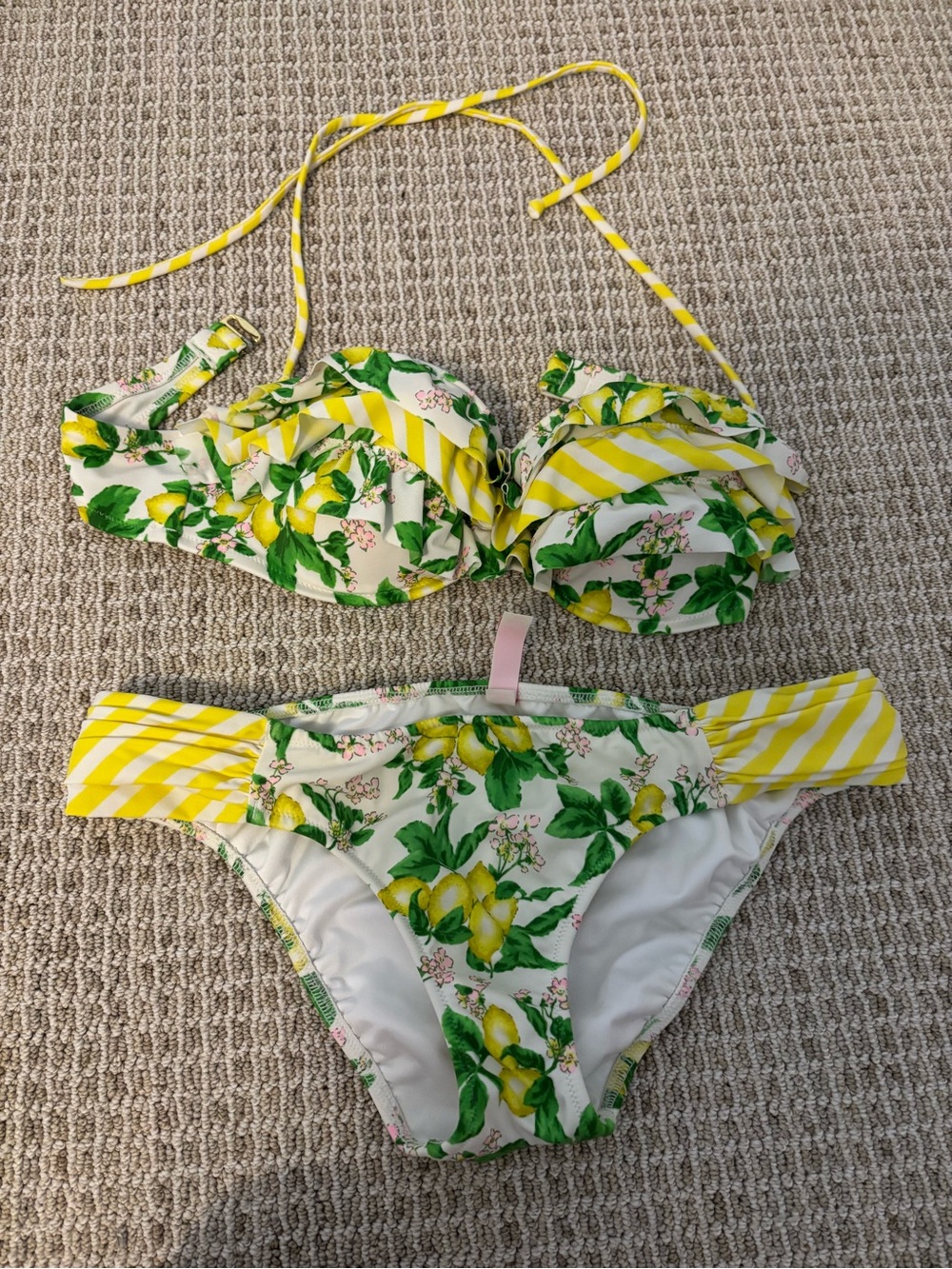 Victoria's Secret Lemon Bikini Yellow and Green s 34b bandeau ruffle
